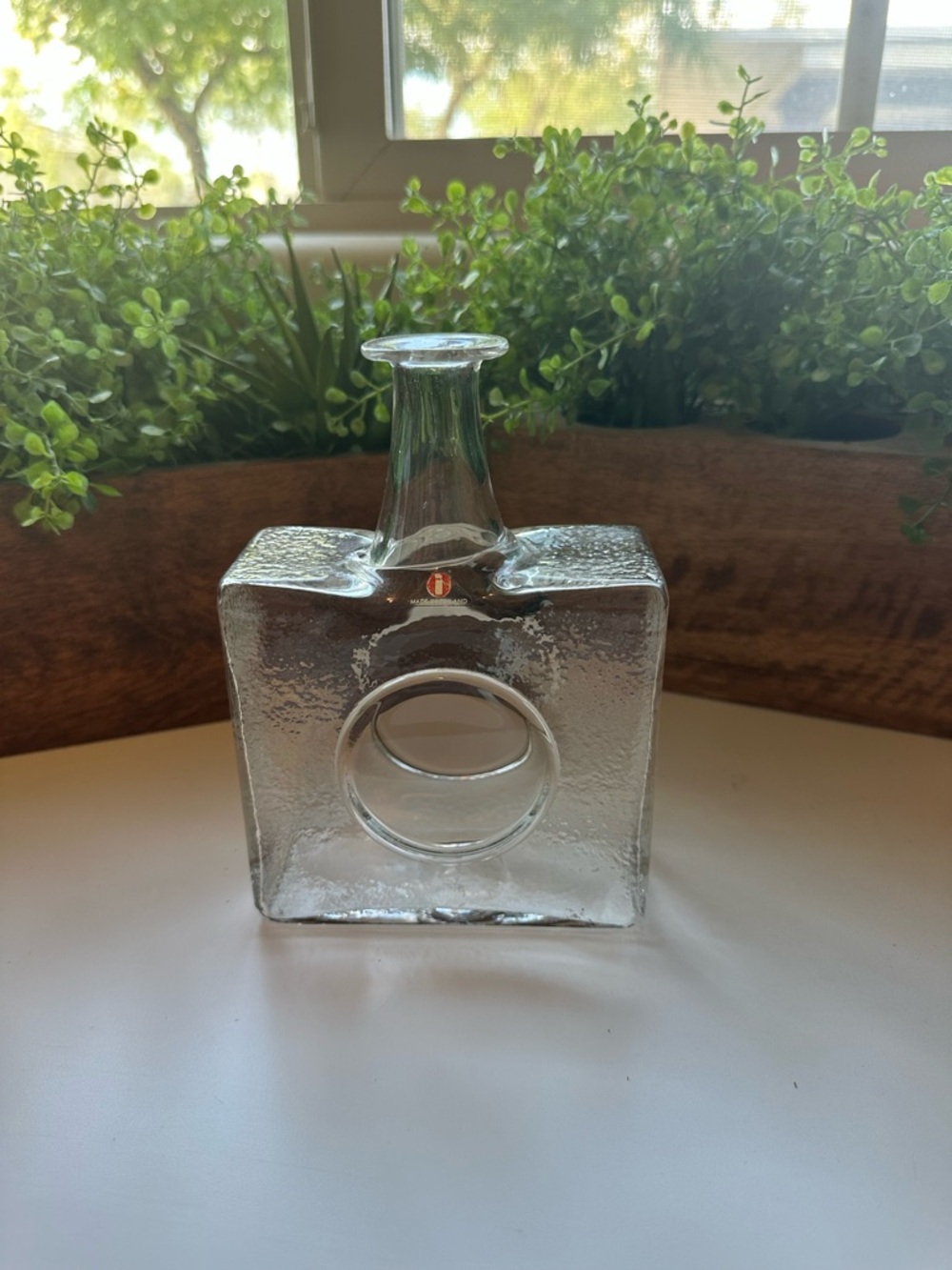 Iittala Clear Glass Kosta Boda Style Square Bottle Vase with Circular Cutout
